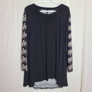 Lavena Women's Black Tan Casual Chic Abstract Contemporary Tunic Shirt